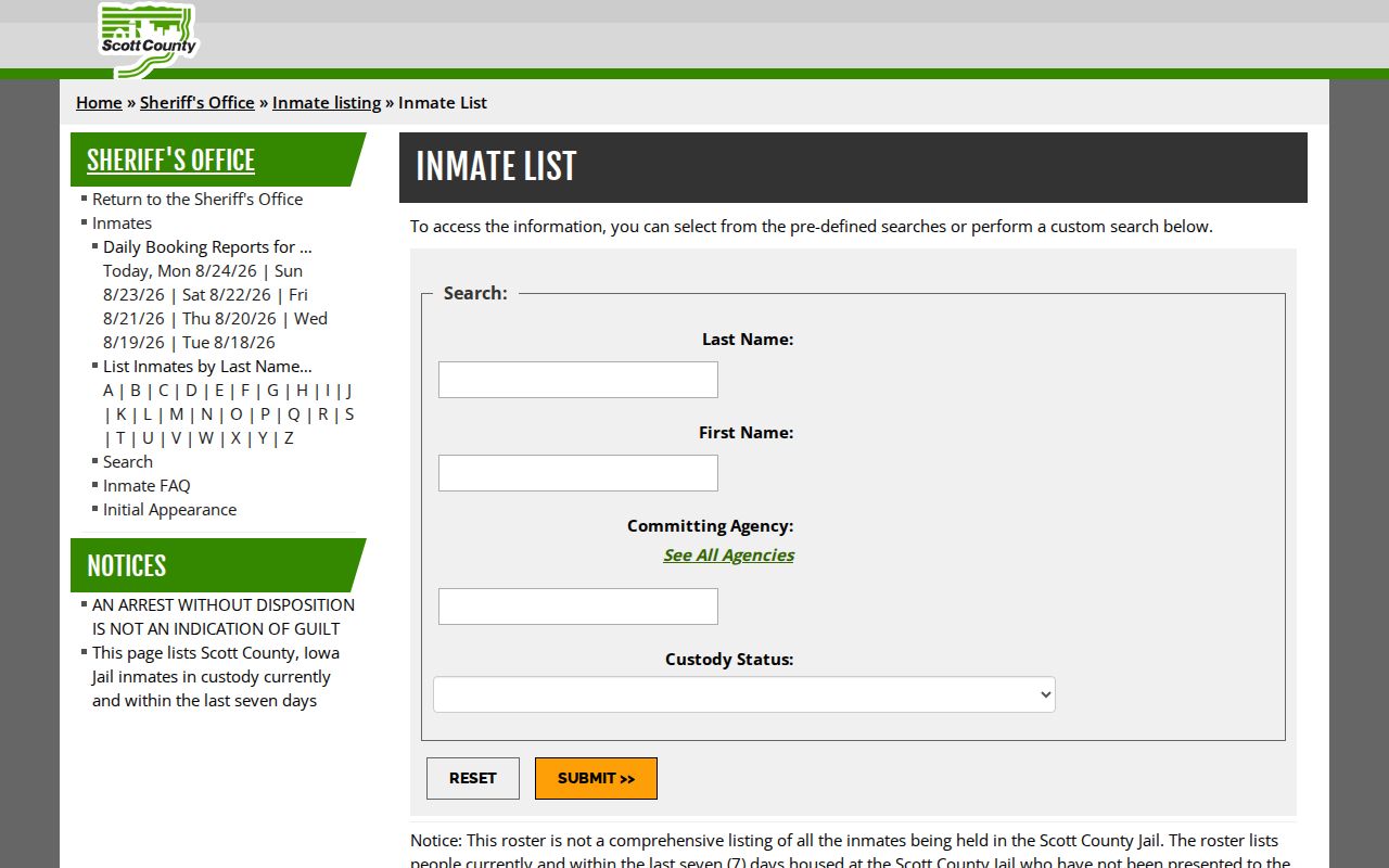 Bettendorf resident lookup Scott County jail listing