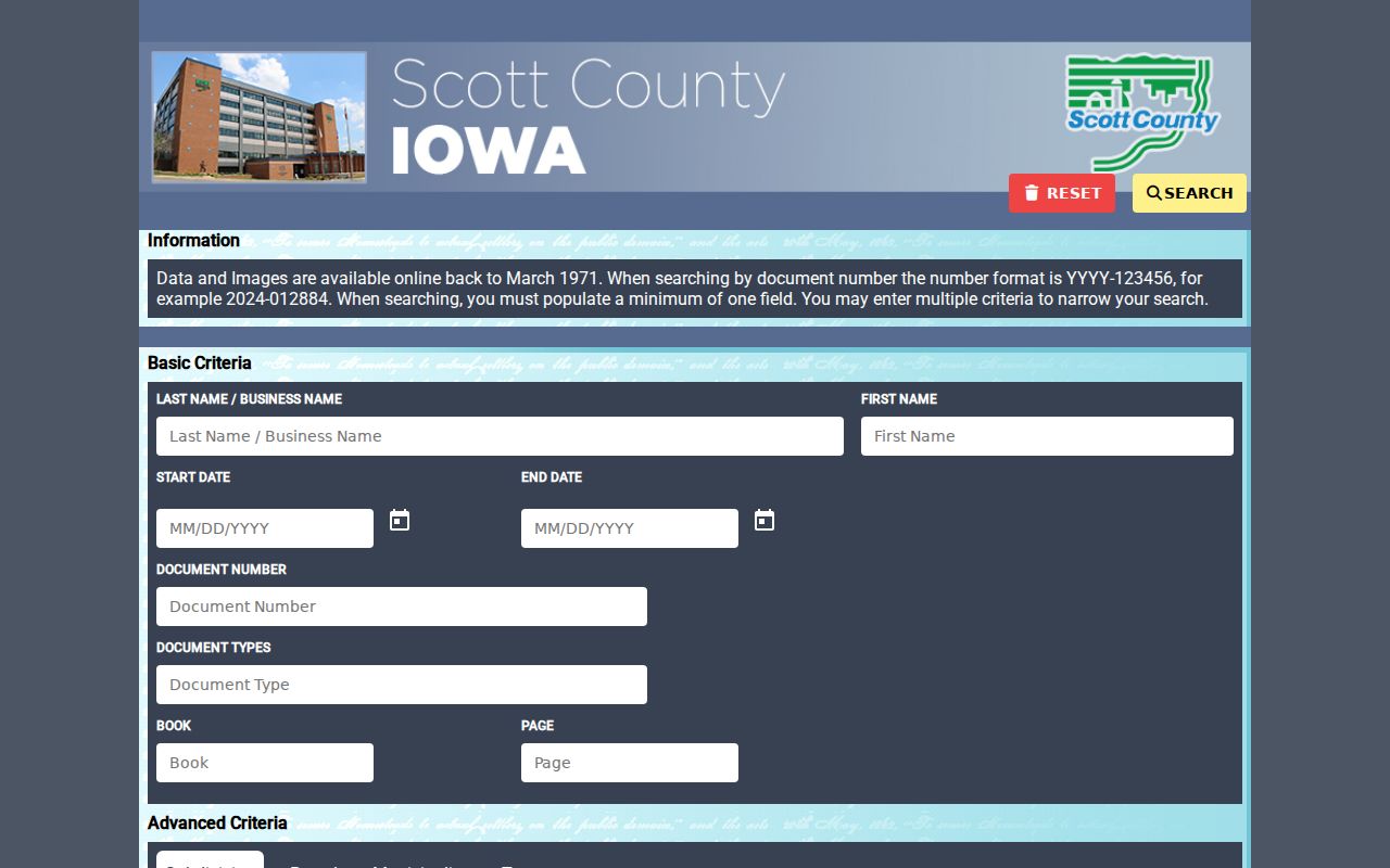 AVA public land record index for Scott County deeds