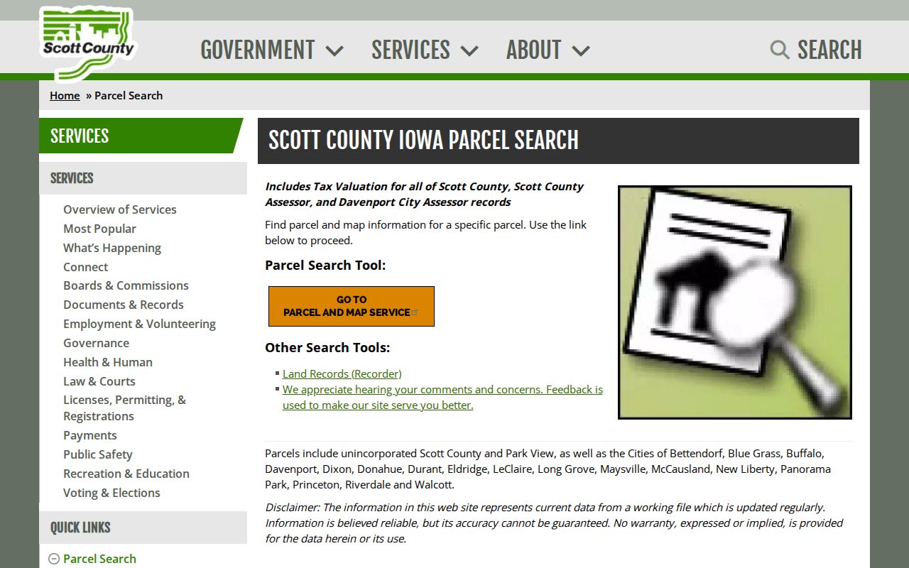 Scott County parcel service landing page for Bettendorf street searches