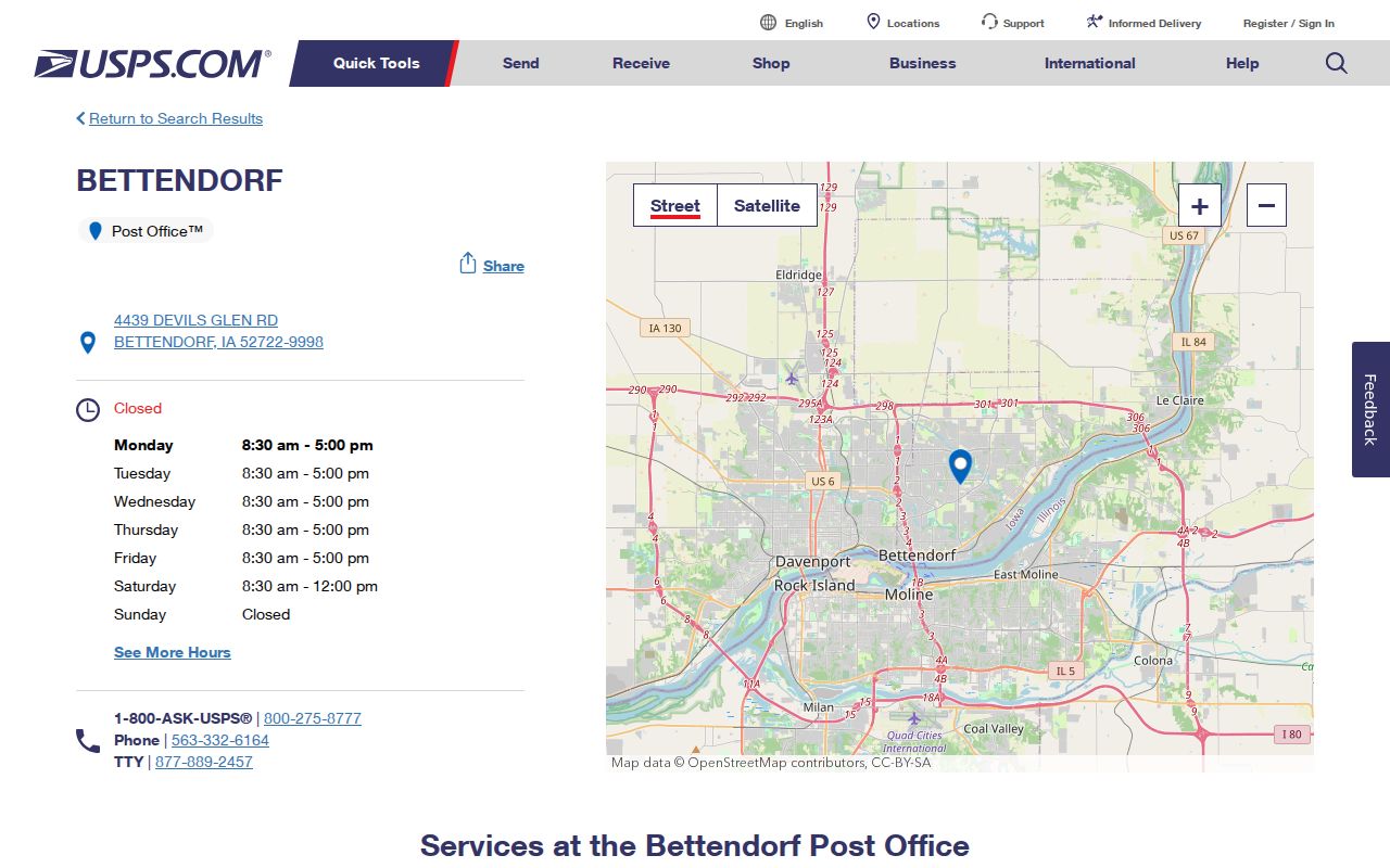 Official USPS listing for Bettendorf Post Office in ZIP code 52722